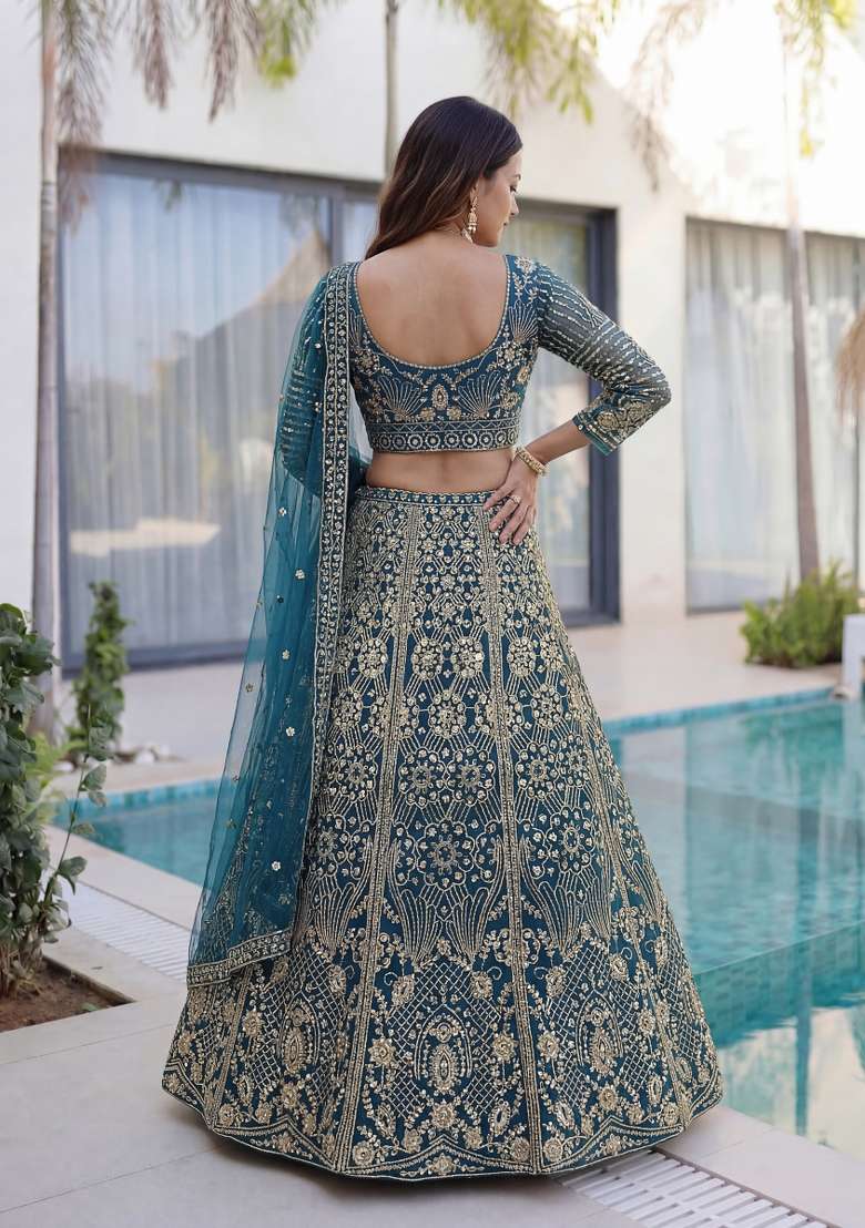 Teal Blue Net Lehenga Set with Embroidered for Diwali | Wedding & Festive Wear - Indya