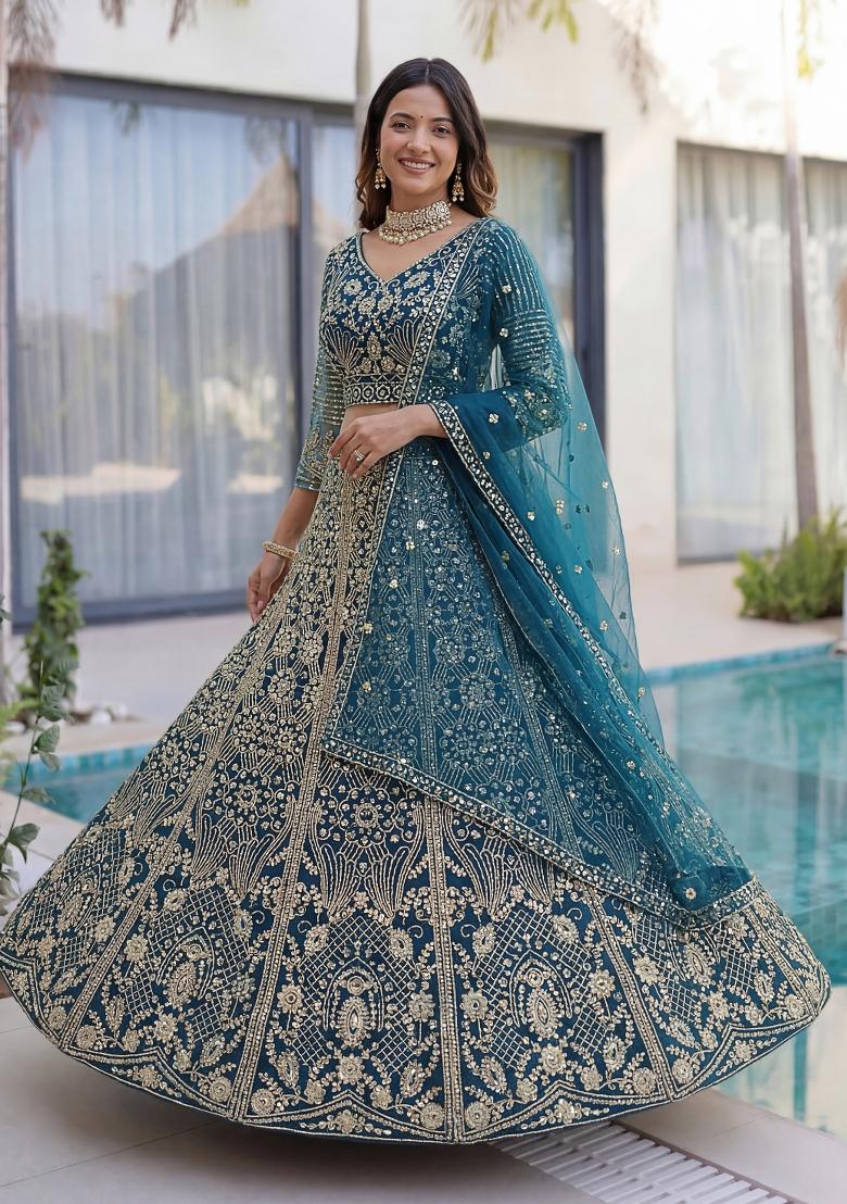 Teal Blue Embroidered Net Lehenga Set - Indya