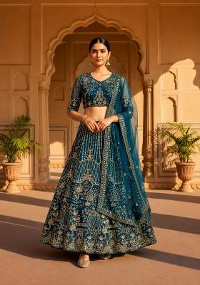Teal Blue Embroidered Net Lehenga Set