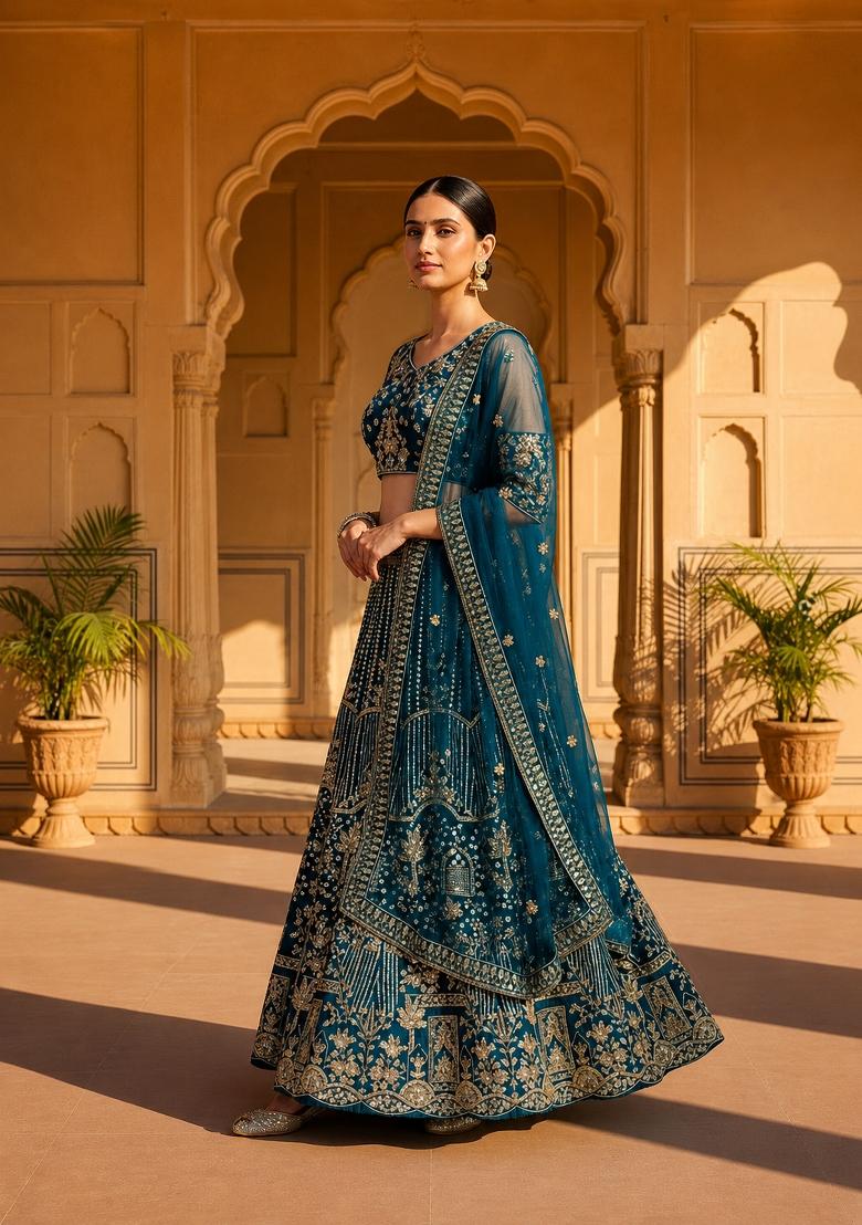 Teal Blue Embroidered Net Lehenga Set - Indya