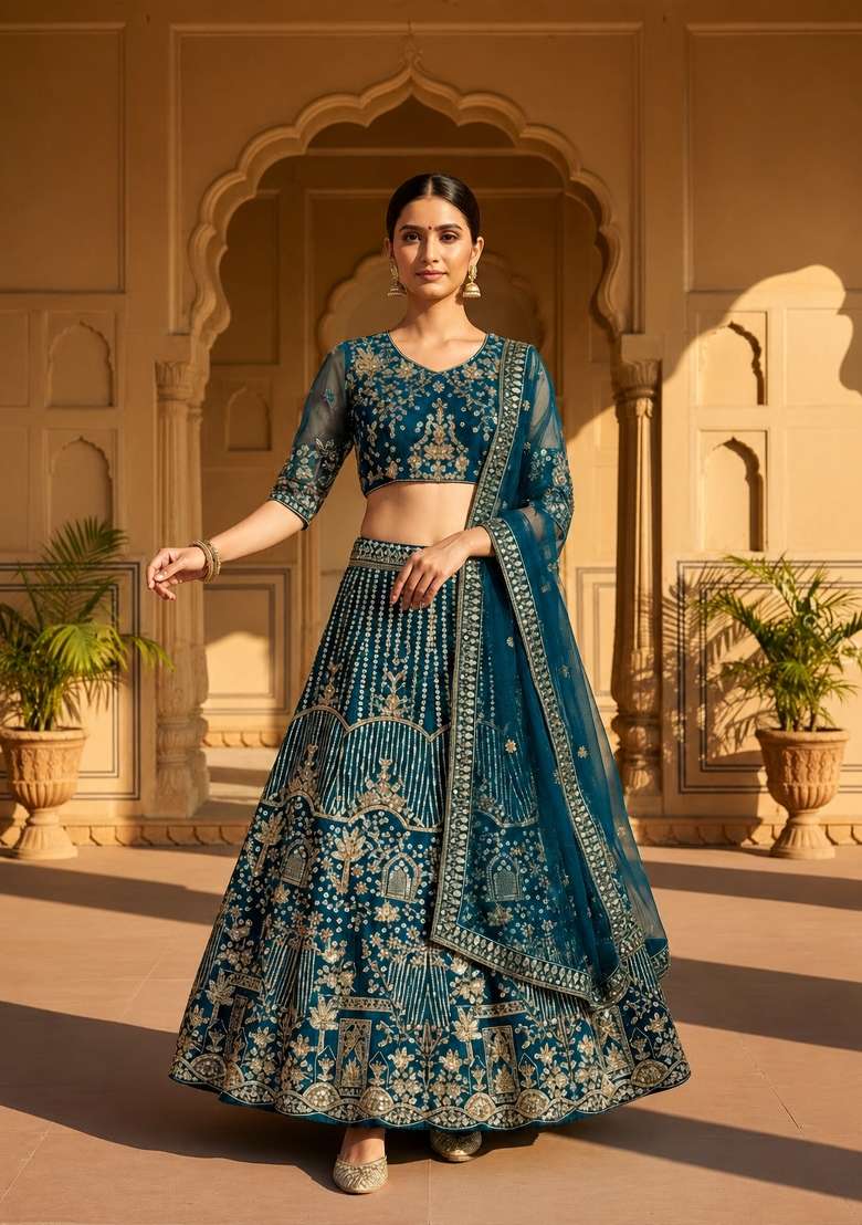 Teal Blue Net Lehenga Set with Embroidered for Diwali | Wedding & Festive Wear - Indya