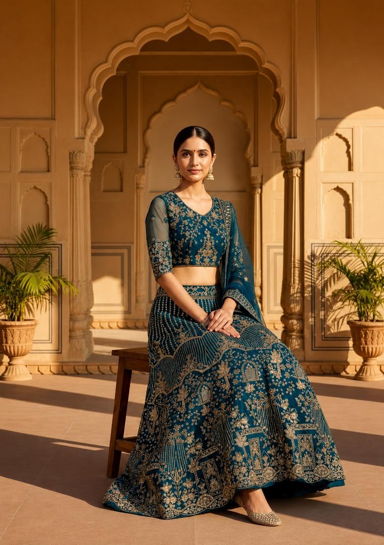 Teal Blue Embroidered Net Lehenga Set - Indya