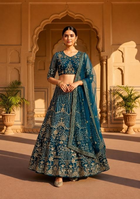 Teal Blue Embroidered Net Lehenga Set