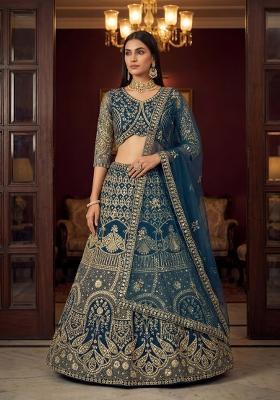 Teal Blue Embroidered Net Lehenga Set
