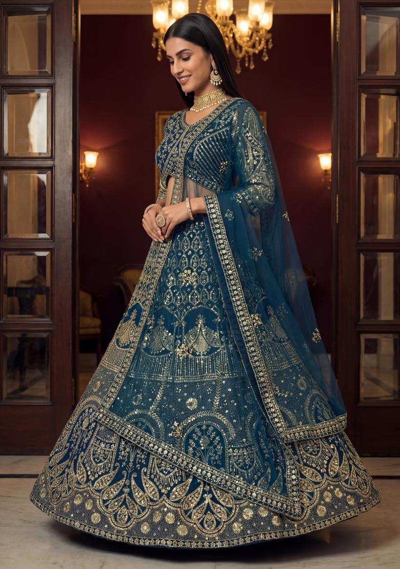 Teal Blue Embroidered Net Lehenga Set - Indya