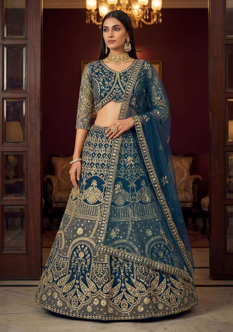 Teal Blue Net Lehenga Set with Embroidered for Diwali | Wedding & Festive Wear - Indya
