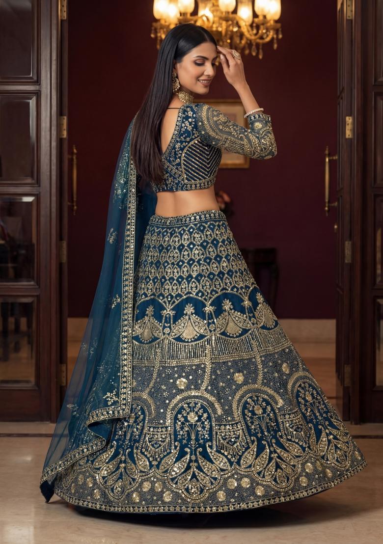 Teal Blue Embroidered Net Lehenga Set - Indya