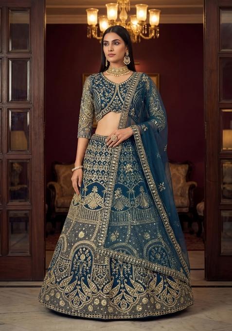 Teal Blue Embroidered Net Lehenga Set