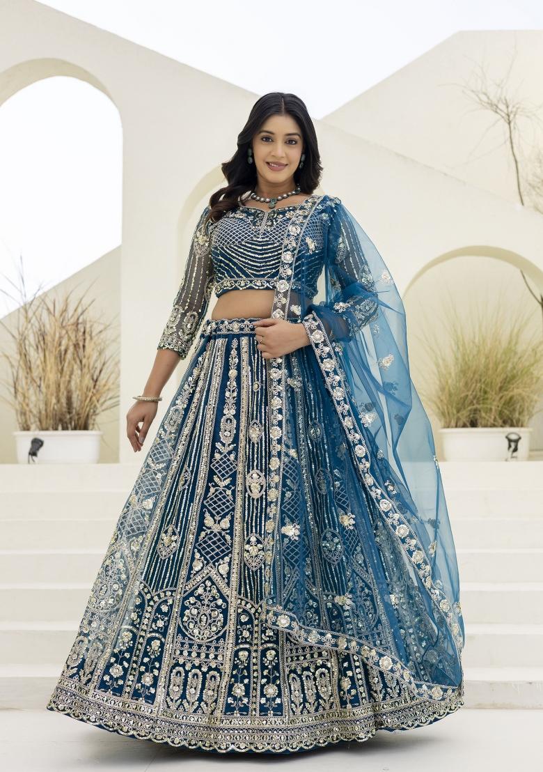 Teal Blue Embroidered Net Lehenga Set - Indya