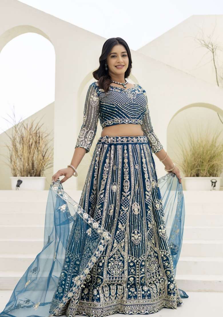 Teal Blue Embroidered Net Lehenga Set for Diwali and Festive Wear - Indya