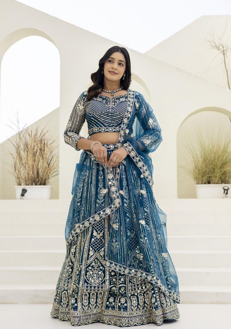 Teal Blue Embroidered Net Lehenga Set - Indya
