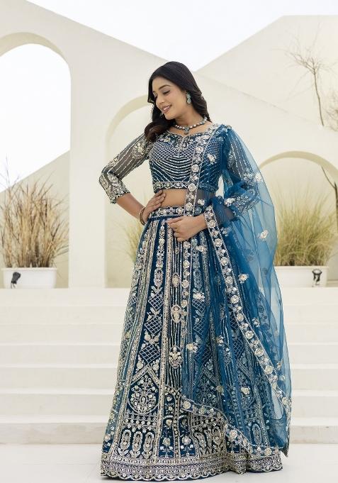Teal Blue Embroidered Net Lehenga Set