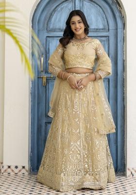 Cream Embroidered Net Lehenga Set