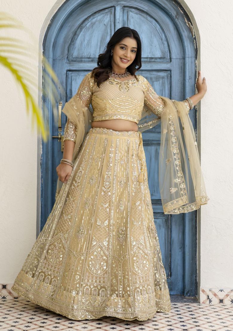 Cream Embroidered Net Lehenga Set - Indya
