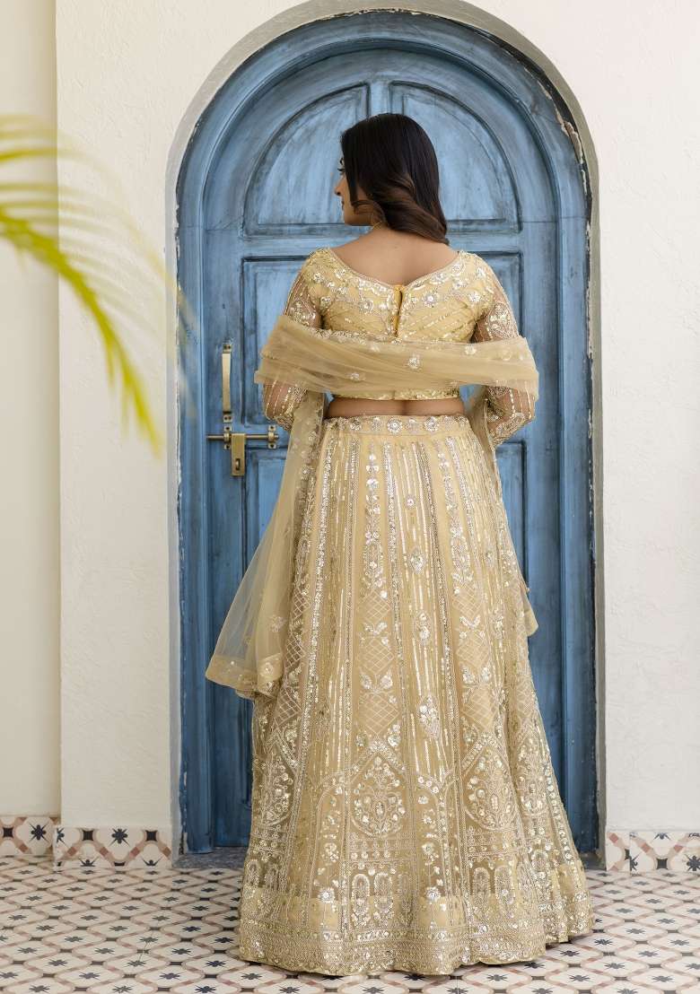 Cream Net Lehenga Set with Embroidered for Diwali | Wedding & Festive Wear - Indya