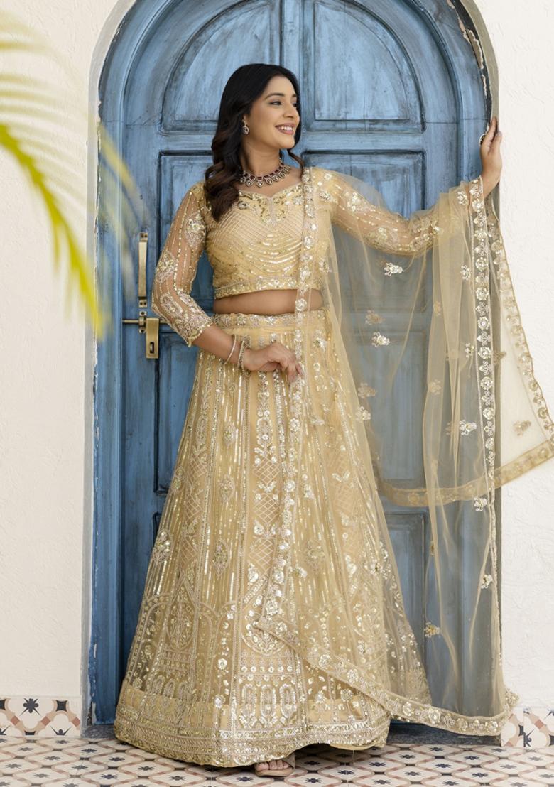 Cream Embroidered Net Lehenga Set - Indya