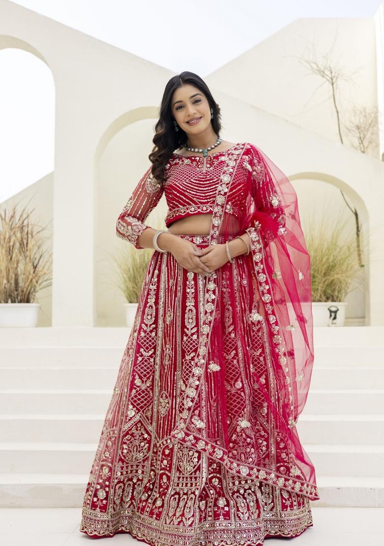 Red Embroidered Net Lehenga Set - Indya