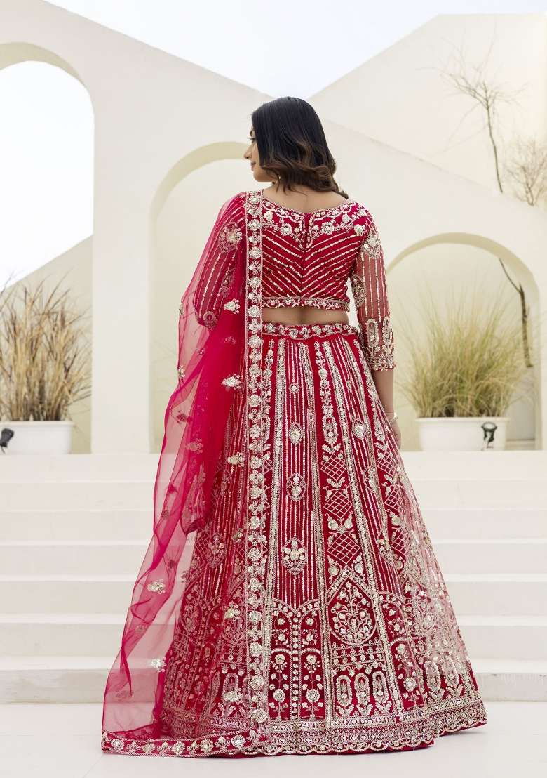 Red Embroidered Net Lehenga Set for Diwali and Festive Wear - Indya