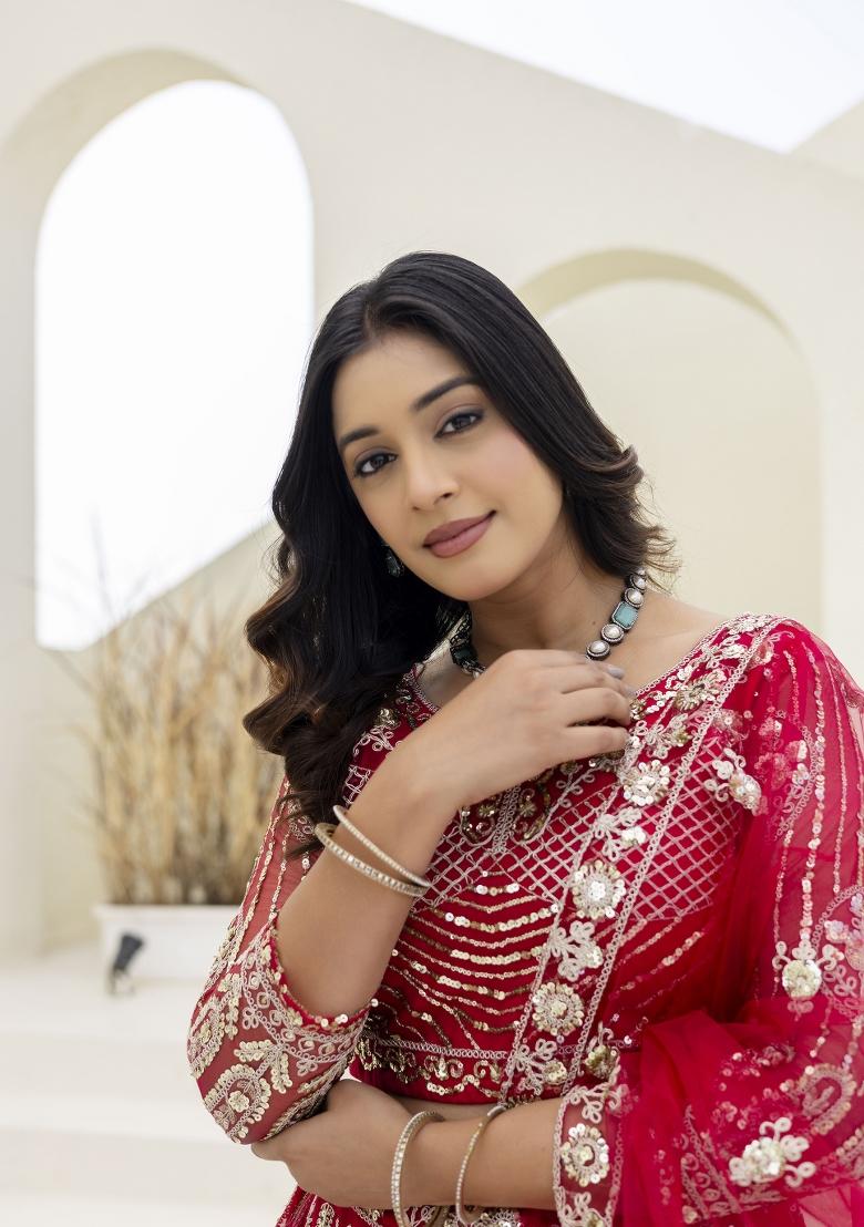 Red Embroidered Net Lehenga Set - Indya