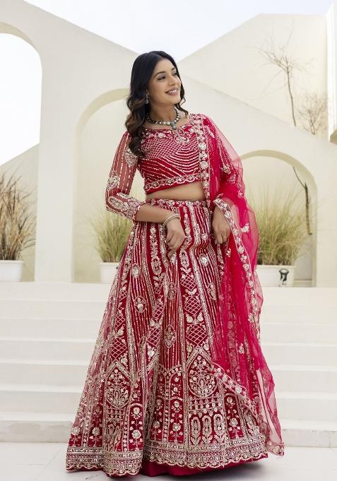 Red Embroidered Net Lehenga Set
