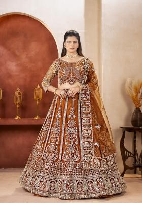 Orange Embroidered Net Lehenga Set
