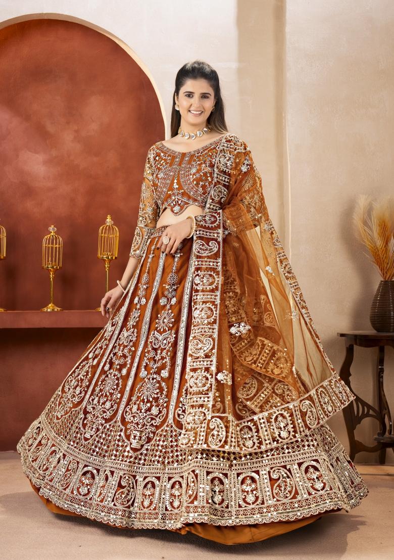 Orange Embroidered Net Lehenga Set - Indya