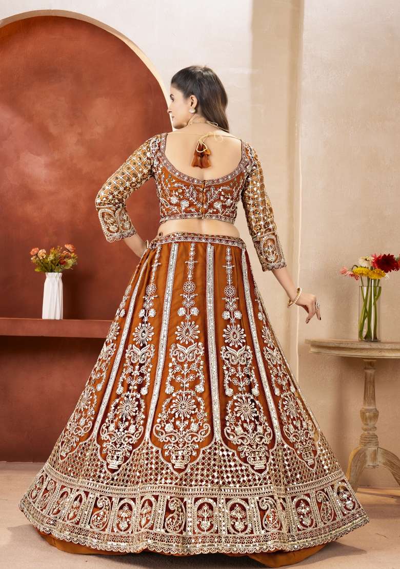 Orange Embroidered Net Lehenga Set for Diwali and Festive Wear - Indya