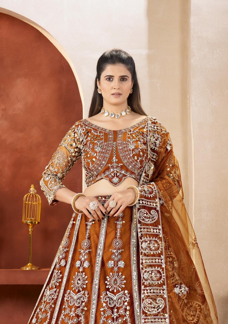 Orange Embroidered Net Lehenga Set - Indya