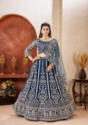 Blue Embroidered Net Lehenga Set