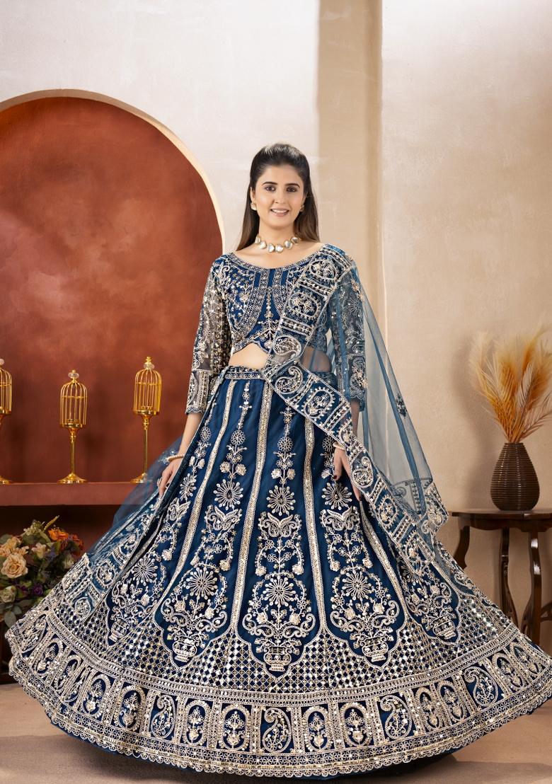 Blue Embroidered Net Lehenga Set - Indya