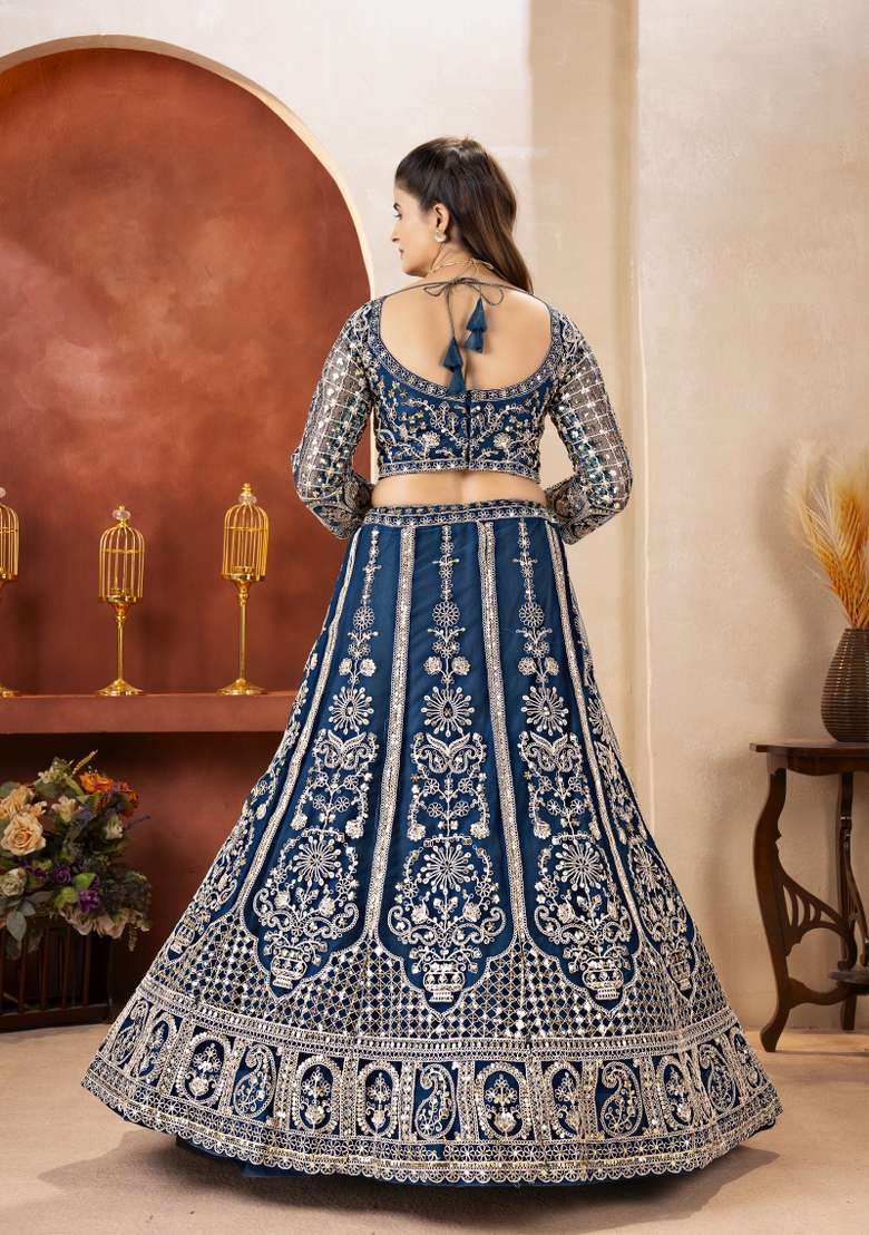 Blue Embroidered Net Lehenga Set for Diwali and Festive Wear - Indya
