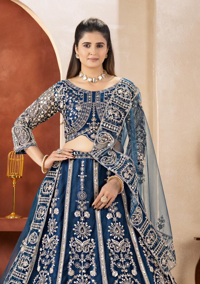 Blue Embroidered Net Lehenga Set - Indya