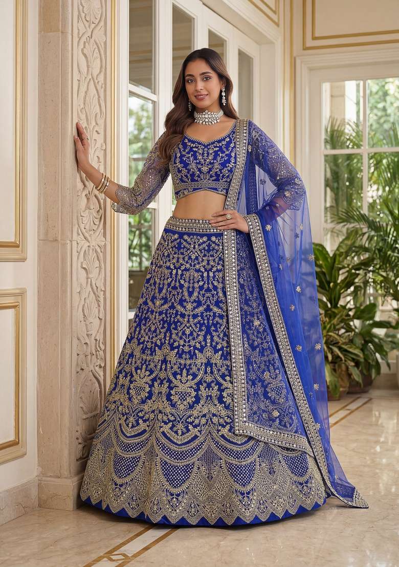 Royal Blue Embroidered Net Lehenga Set for Diwali and Festive Wear - Indya