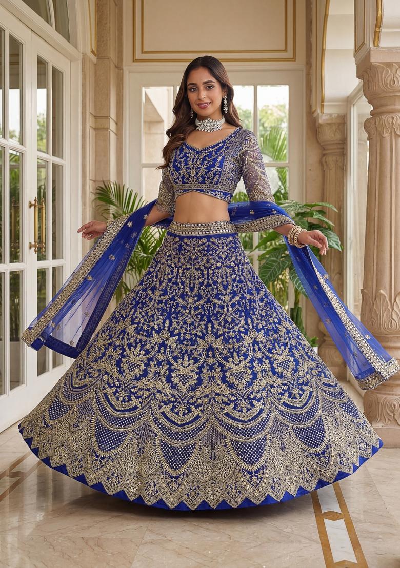 Royal Blue Embroidered Net Lehenga Set - Indya