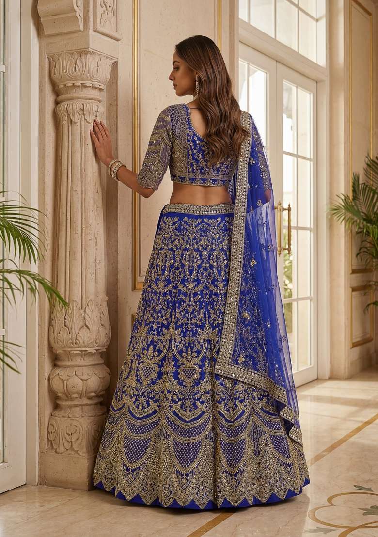 Royal Blue Embroidered Net Lehenga Set for Diwali and Festive Wear - Indya