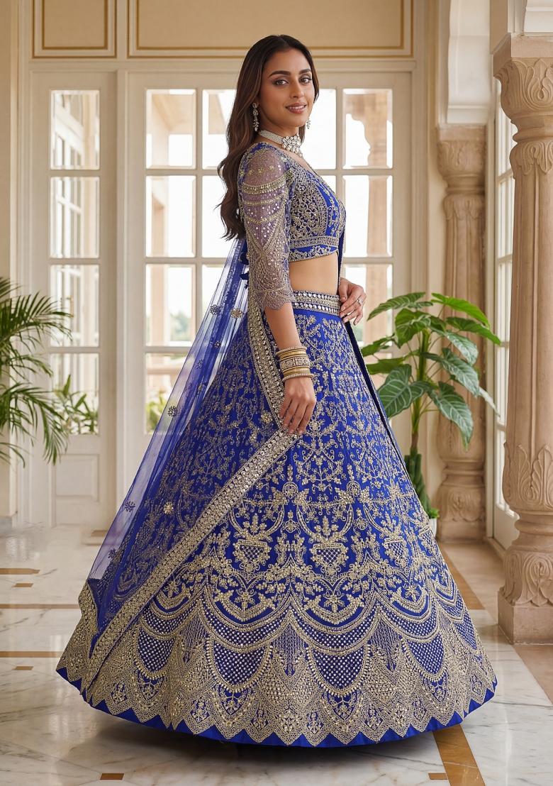 Royal Blue Embroidered Net Lehenga Set - Indya