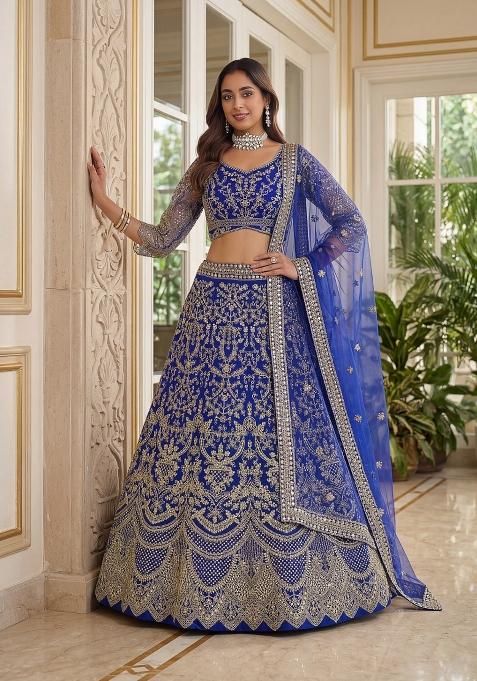 Royal Blue Embroidered Net Lehenga Set