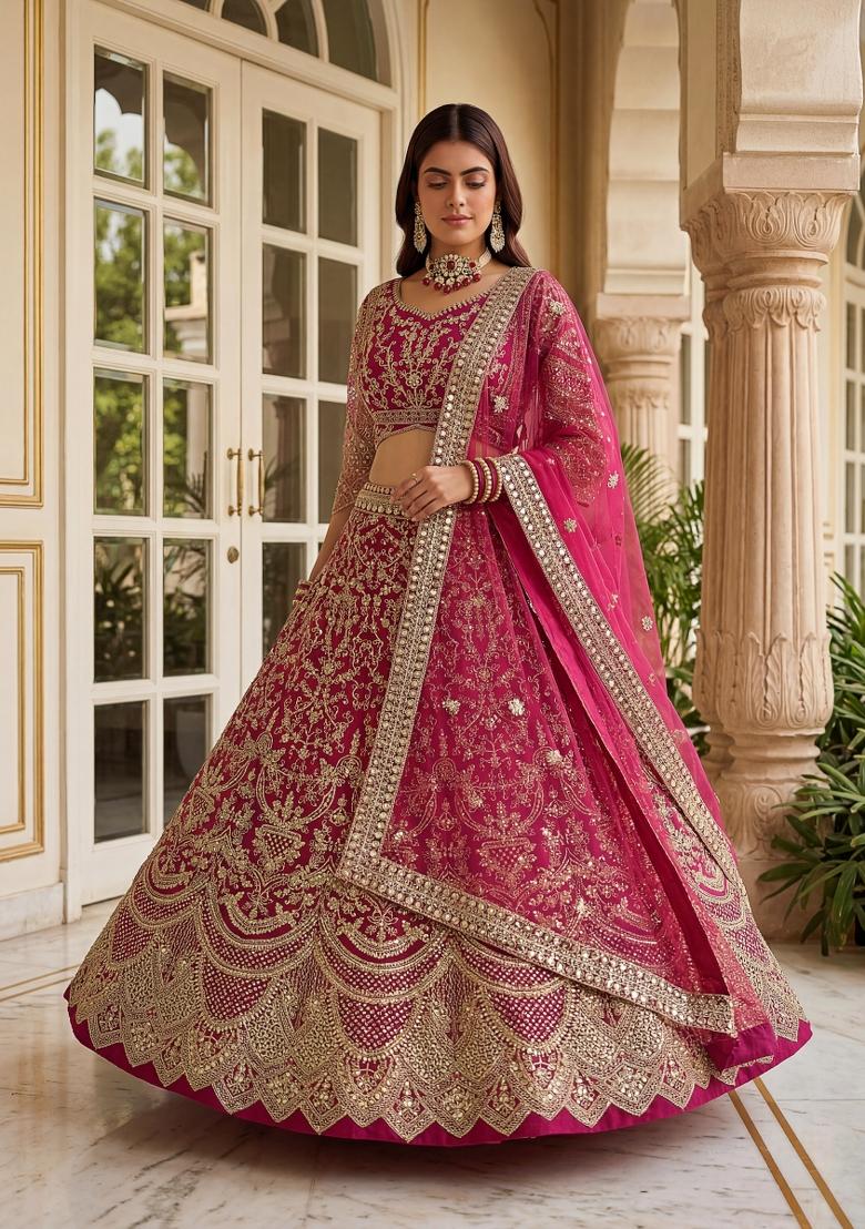 Pink Embroidered Net Lehenga Set - Indya