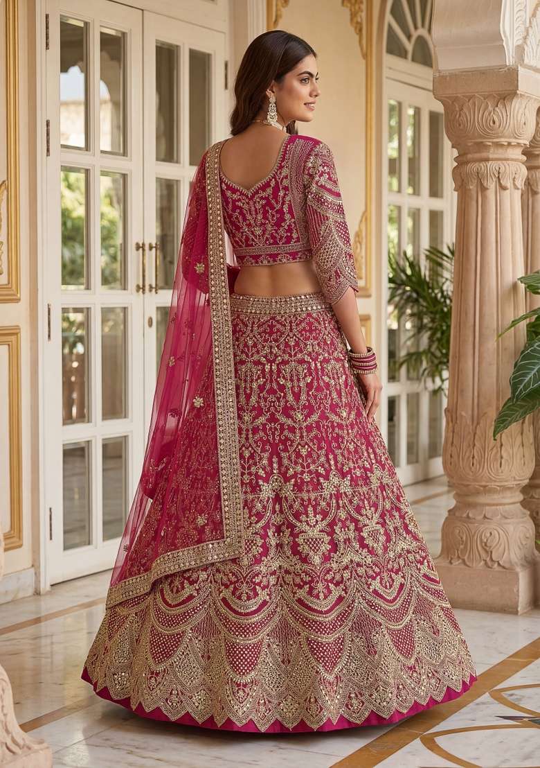 Pink Net Lehenga Set with Embroidered for Diwali | Wedding & Festive Wear - Indya