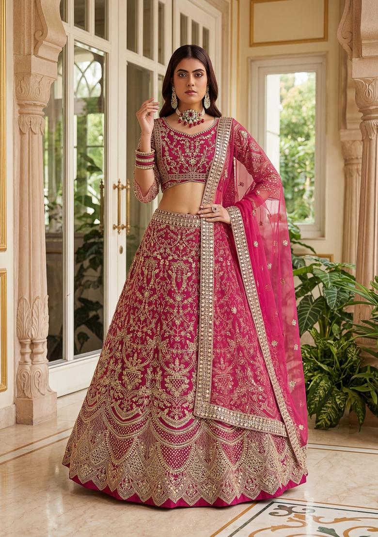 Pink Embroidered Net Lehenga Set - Indya