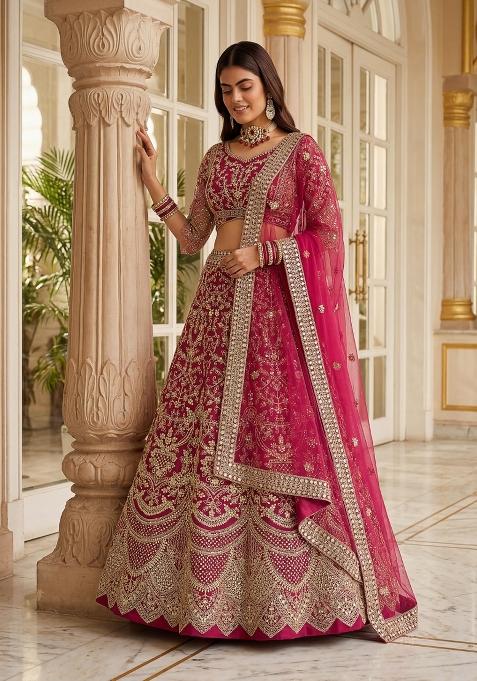Pink Embroidered Net Lehenga Set