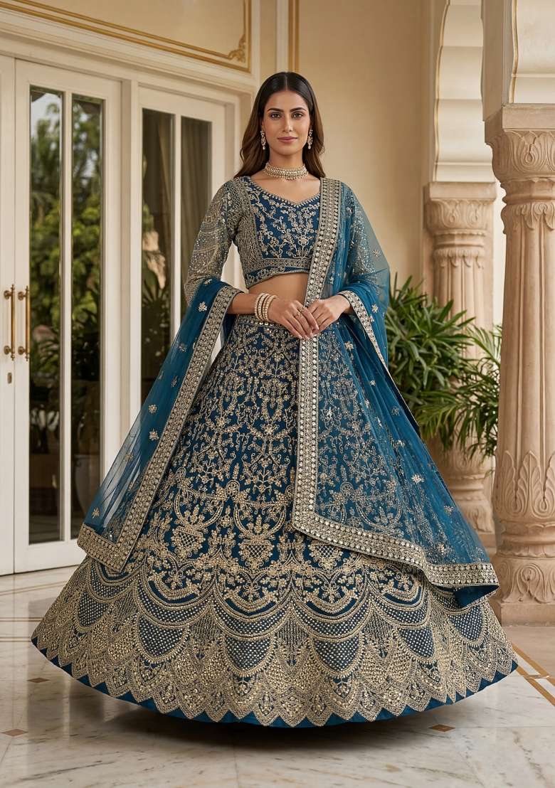 Teal Blue Embroidered Net Lehenga Set for Diwali and Festive Wear - Indya