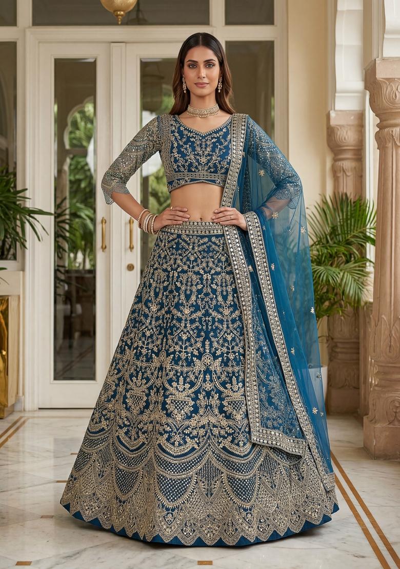 Teal Blue Embroidered Net Lehenga Set - Indya