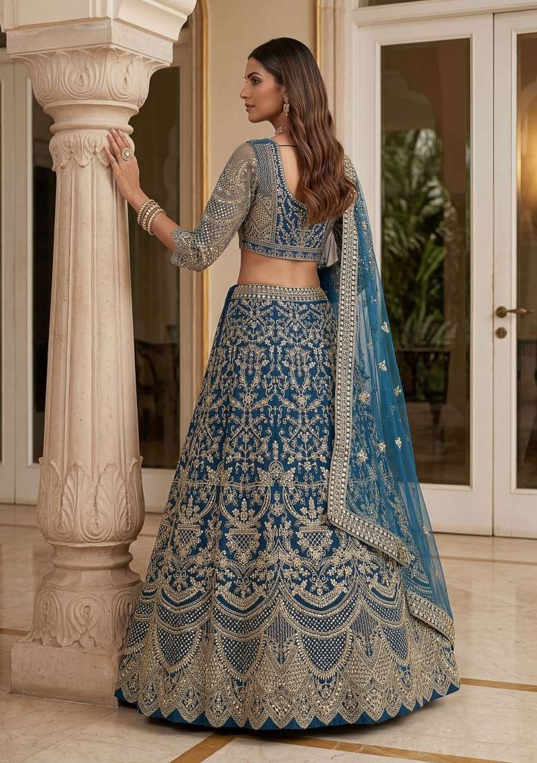 Teal Blue Embroidered Net Lehenga Set for Diwali and Festive Wear - Indya