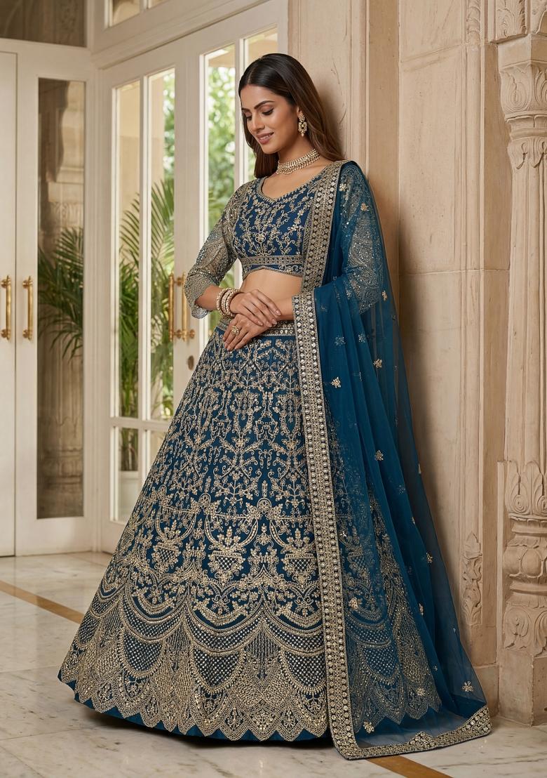 Teal Blue Embroidered Net Lehenga Set - Indya