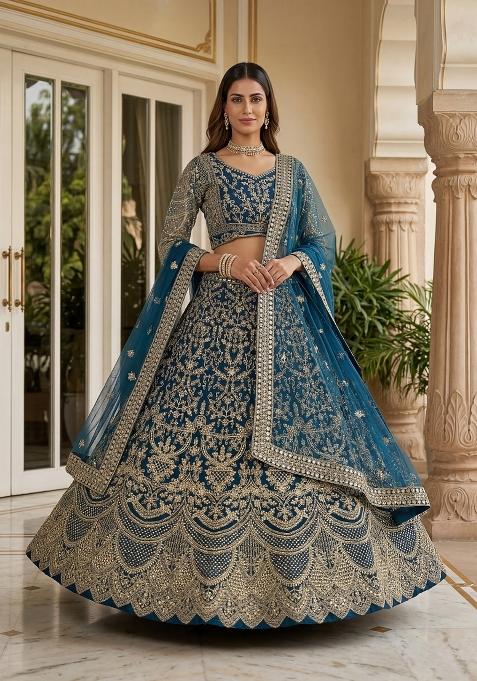 Teal Blue Embroidered Net Lehenga Set