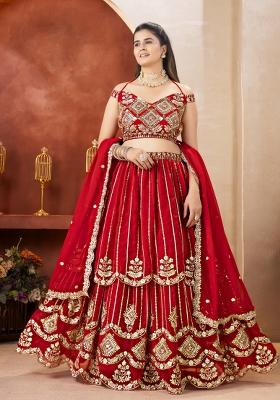 Red Embroidered Georgette Lehenga Set