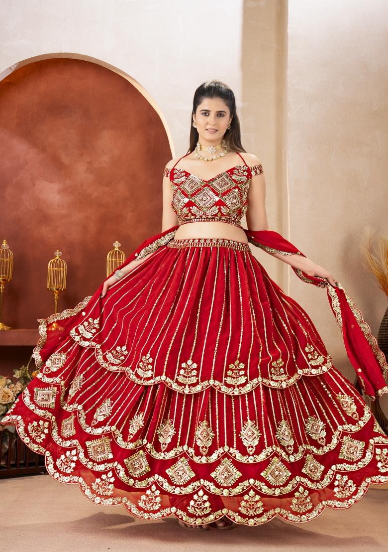 Red Embroidered Georgette Lehenga Set - Indya