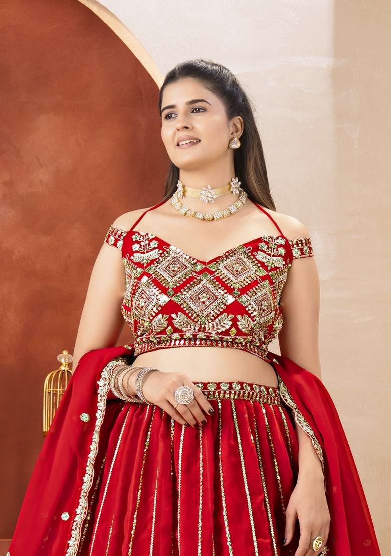Red Georgette Lehenga Set with Embroidered for Diwali | Wedding & Festive Wear - Indya