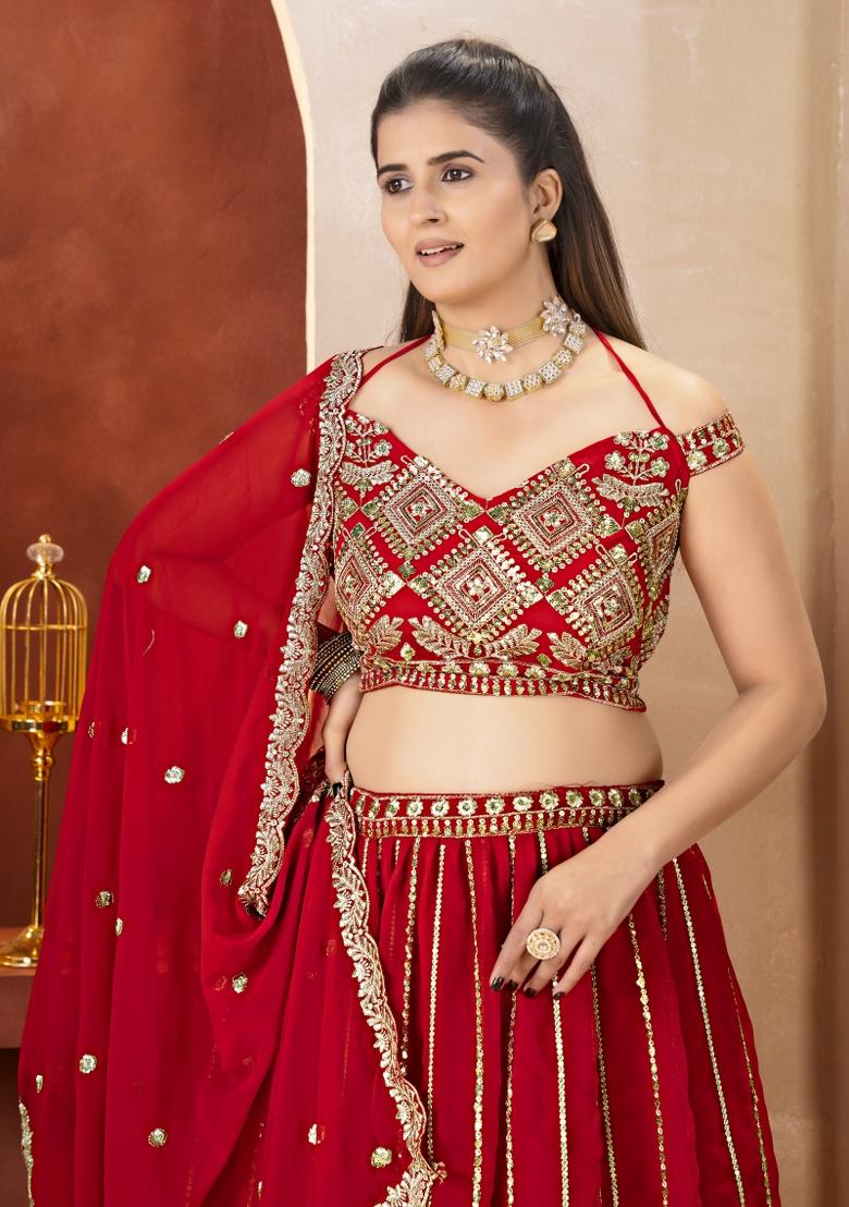 Red Embroidered Georgette Lehenga Set - Indya